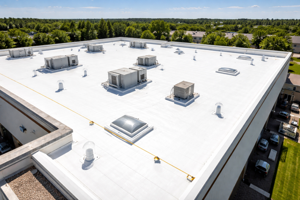 TPO commercial roofing membrane installation on a flat roof in Pueblo Colorado