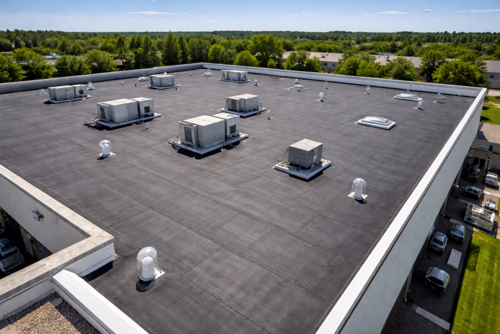 Commercial EPDM rubber roofing system installed on a flat roof building with HVAC units and ventilation systems in Pueblo Colorado.