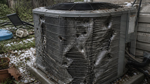 hail-damaged AC condenser fins bent flat, Southern Colorado home