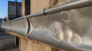 hail-dented aluminum gutter with chalk marks, Pueblo CO roof inspection