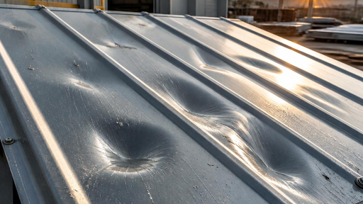 hail-dented standing seam metal roof panel, Colorado install