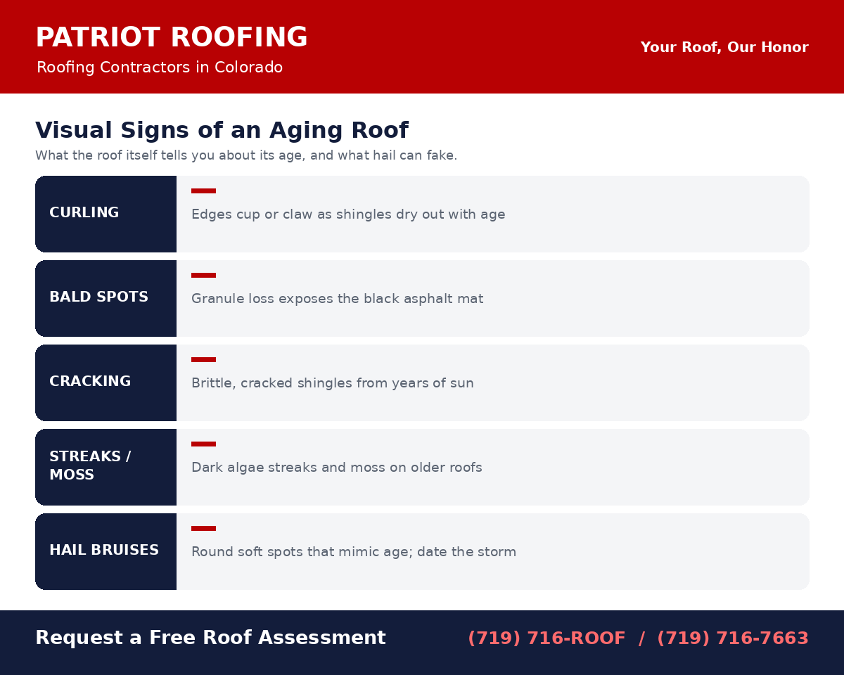 Visual signs that show the age and wear of an asphalt shingle roof