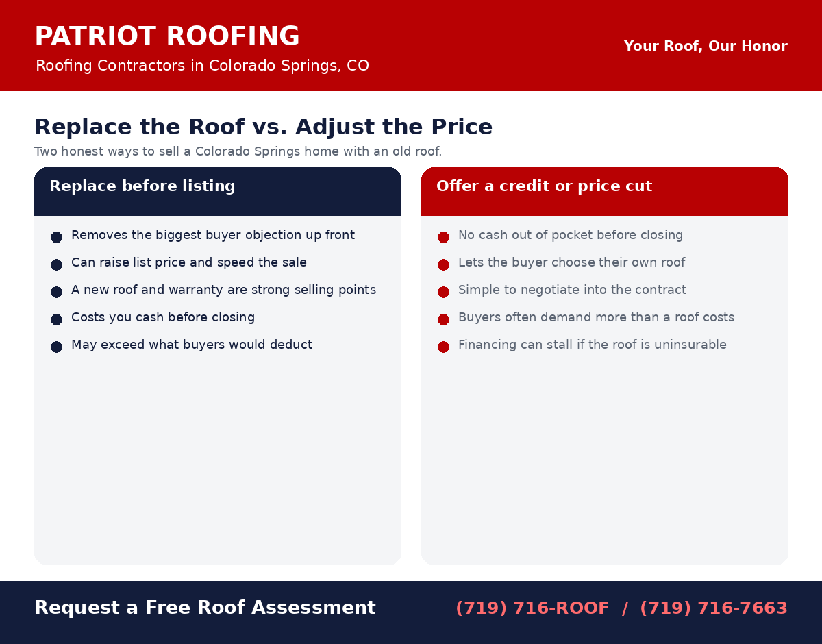 Comparison of replacing a roof before listing versus a price adjustment when selling in Colorado Springs